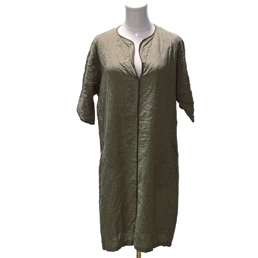 Shamask Linen Dress Short Sleeve Shift Size 3 Olive Pockets